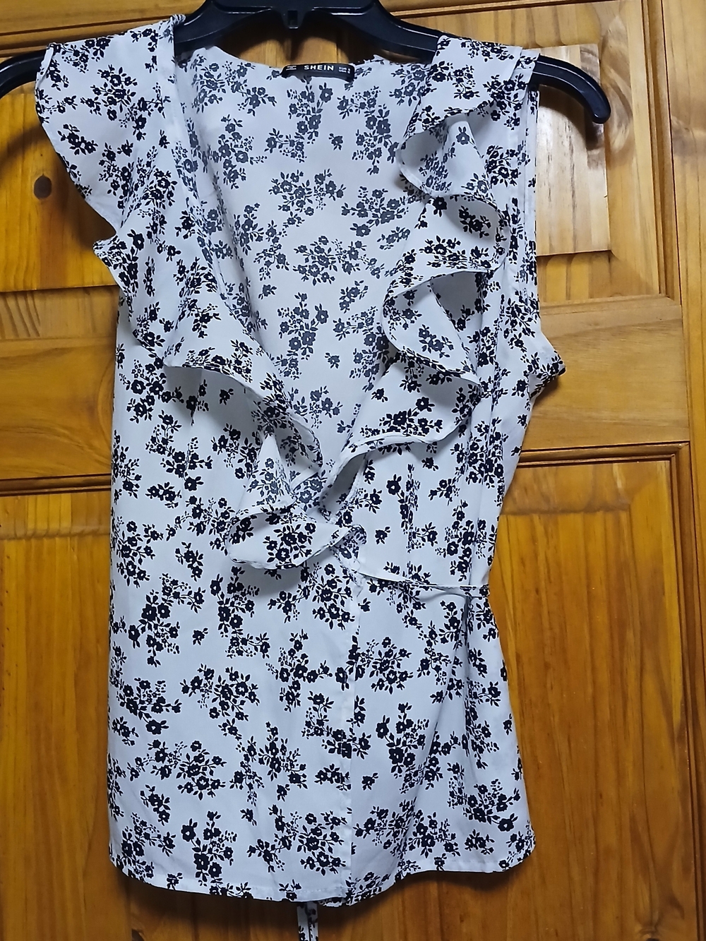 SHEIN White and Black Floral Ruffle V-Neck Wrap Blouse